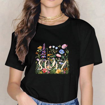 Inkmay Casual  Cotton T-shirt Floral Pattern With Numbers And Butterflies Unisex T-shirtTimelessStyle Urban T-Shirt
