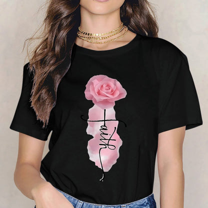 Inkmay Casual Cotton T-shirt Faith Rose Pattern Print Art Design Unisex T-shirtBasic Neat T-Shirt