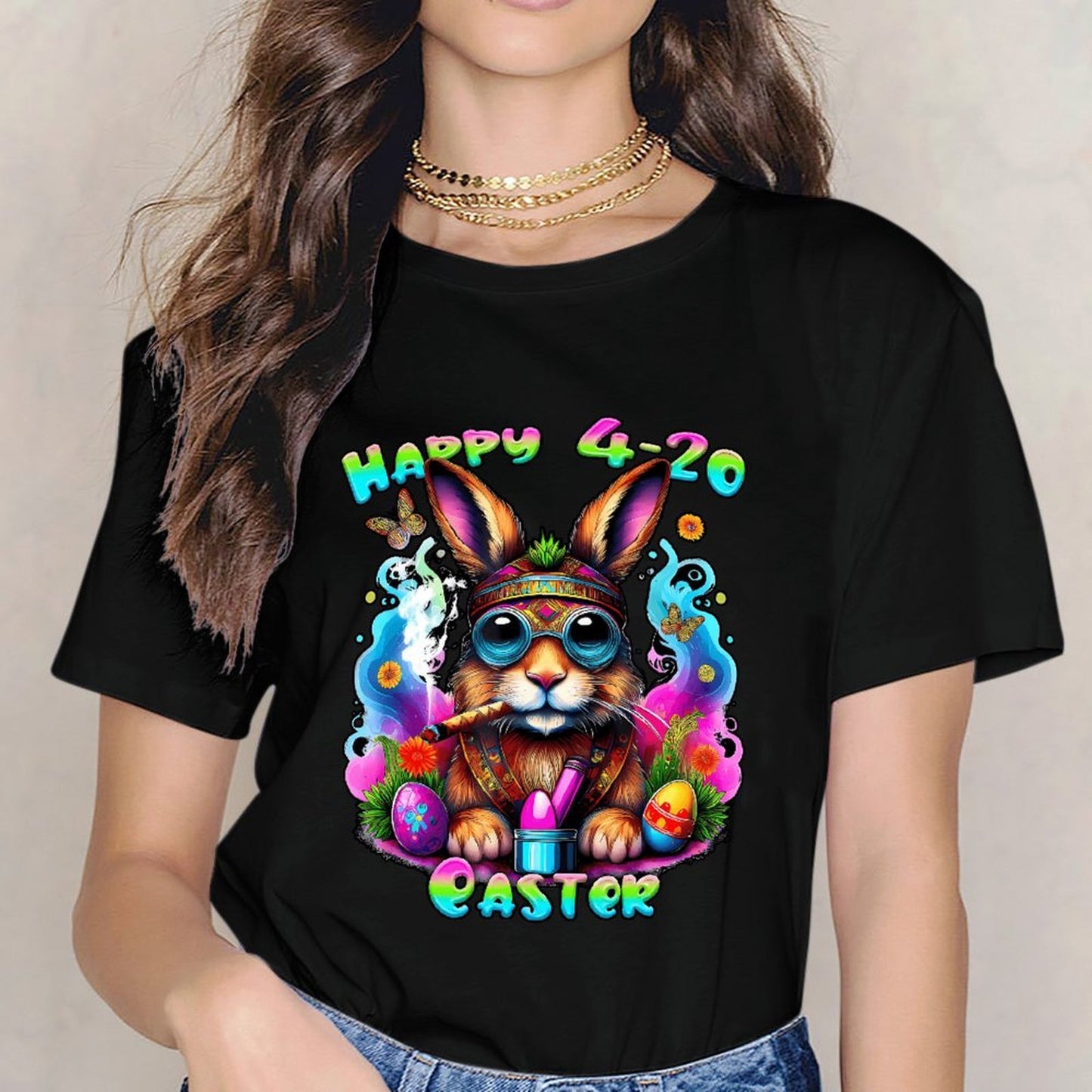 Inkmay Casual  Cotton T-shirt Happy 4 20 Easter Bunny Design Unisex T-shirtCoreLine ActiveStyle T-Shirt
