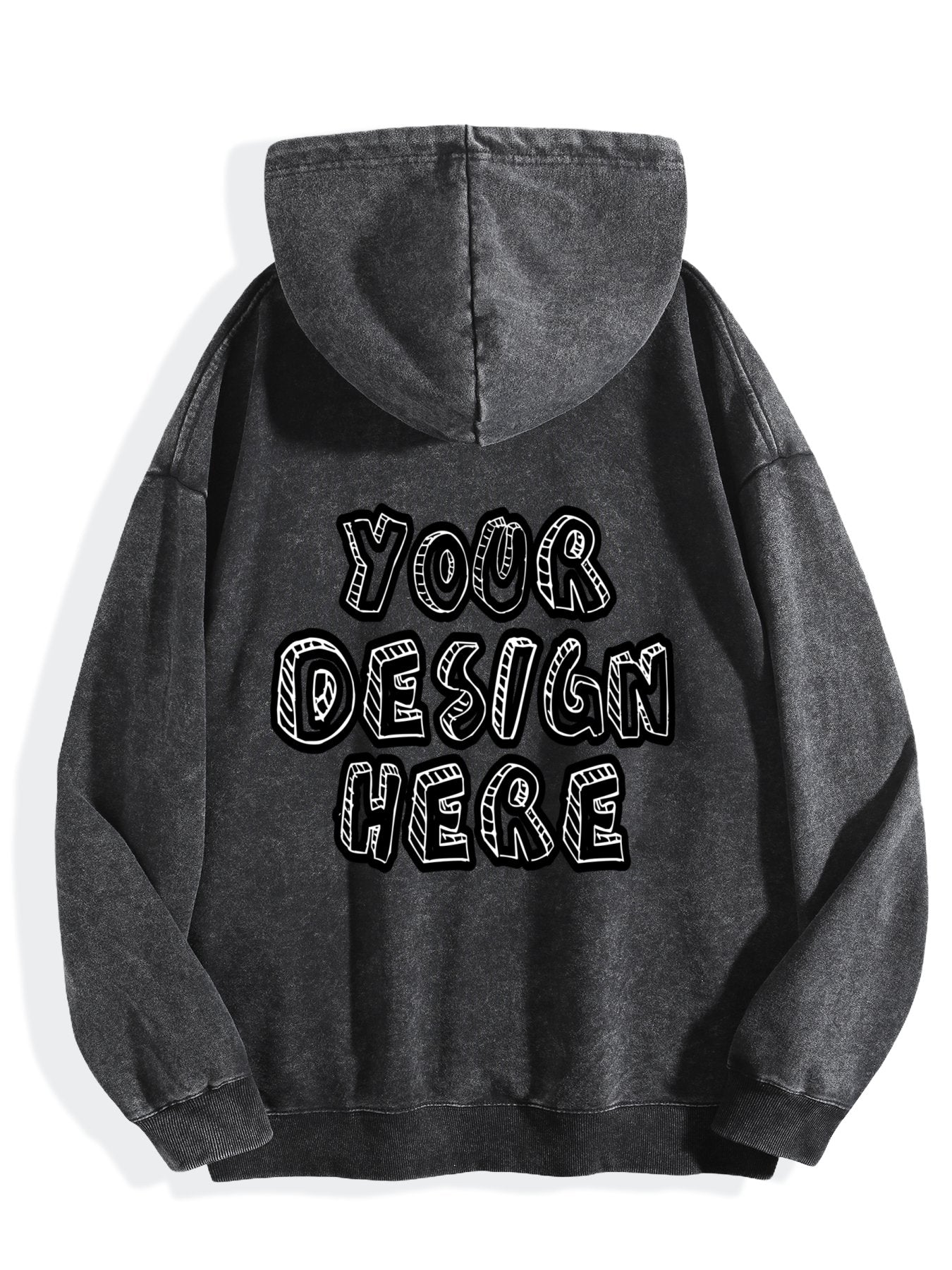 Custom-washed vintage-style black hoodie, back view.