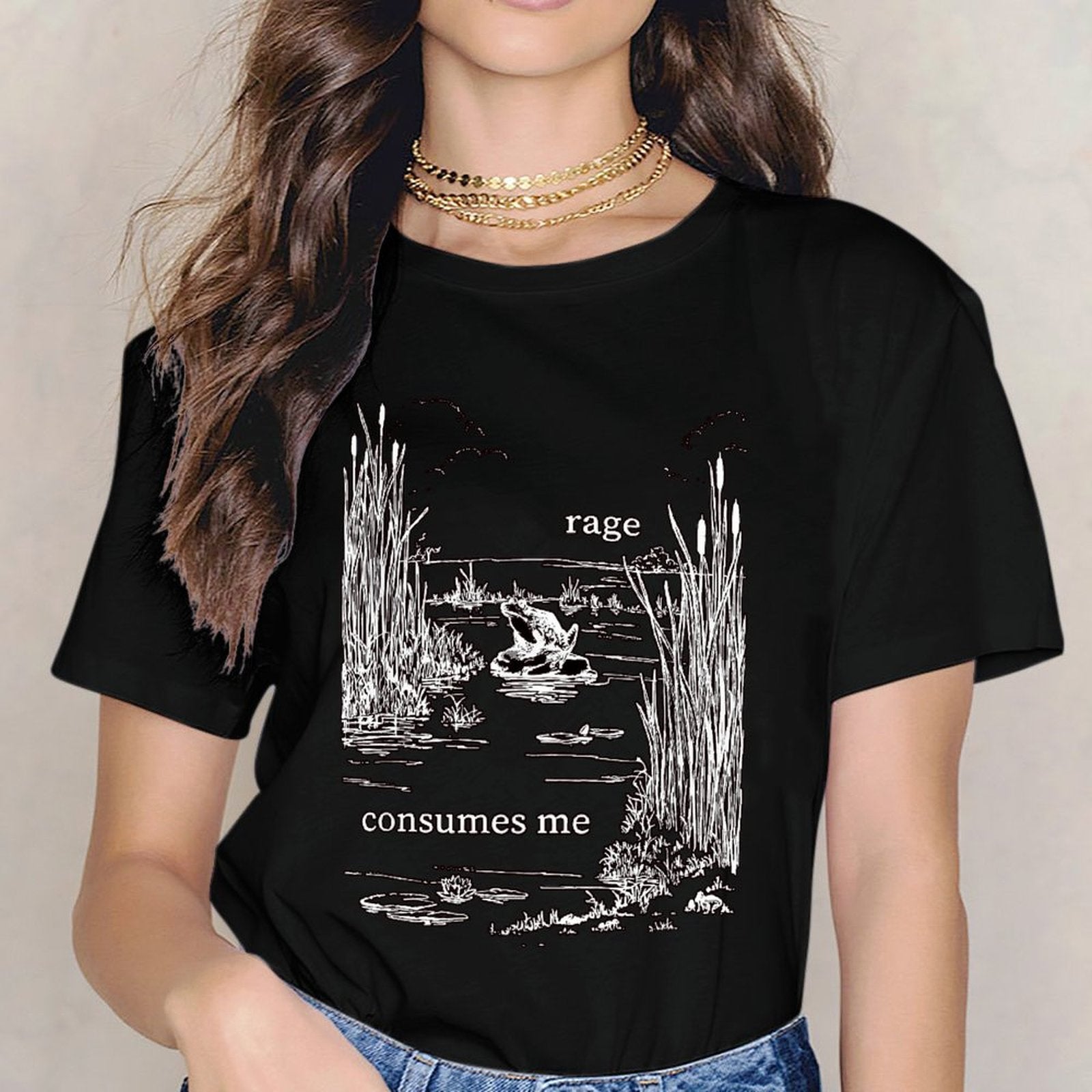 Inkmay Casual Cotton T-shirt Angry Frog Amidst Reeds And Water Unisex T-shirtClassicLine Crew Neck T-Shirt
