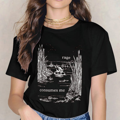 Inkmay Casual Cotton T-shirt Angry Frog Amidst Reeds And Water Unisex T-shirtClassicLine Crew Neck T-Shirt