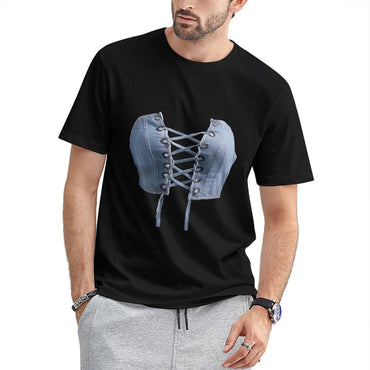 Inkmay Casual Cotton T-shirt Blue Satin Corset With Laceups Unisex T-shirtSimple Heavyweight T-Shirt