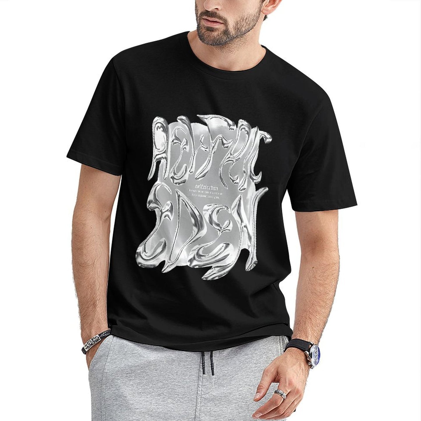 Inkmay Casual Cotton T-shirt Abstract Silver Flame Design Artwork Print Unisex T-shirtStreetStyle Batch-Printed T-Shirt