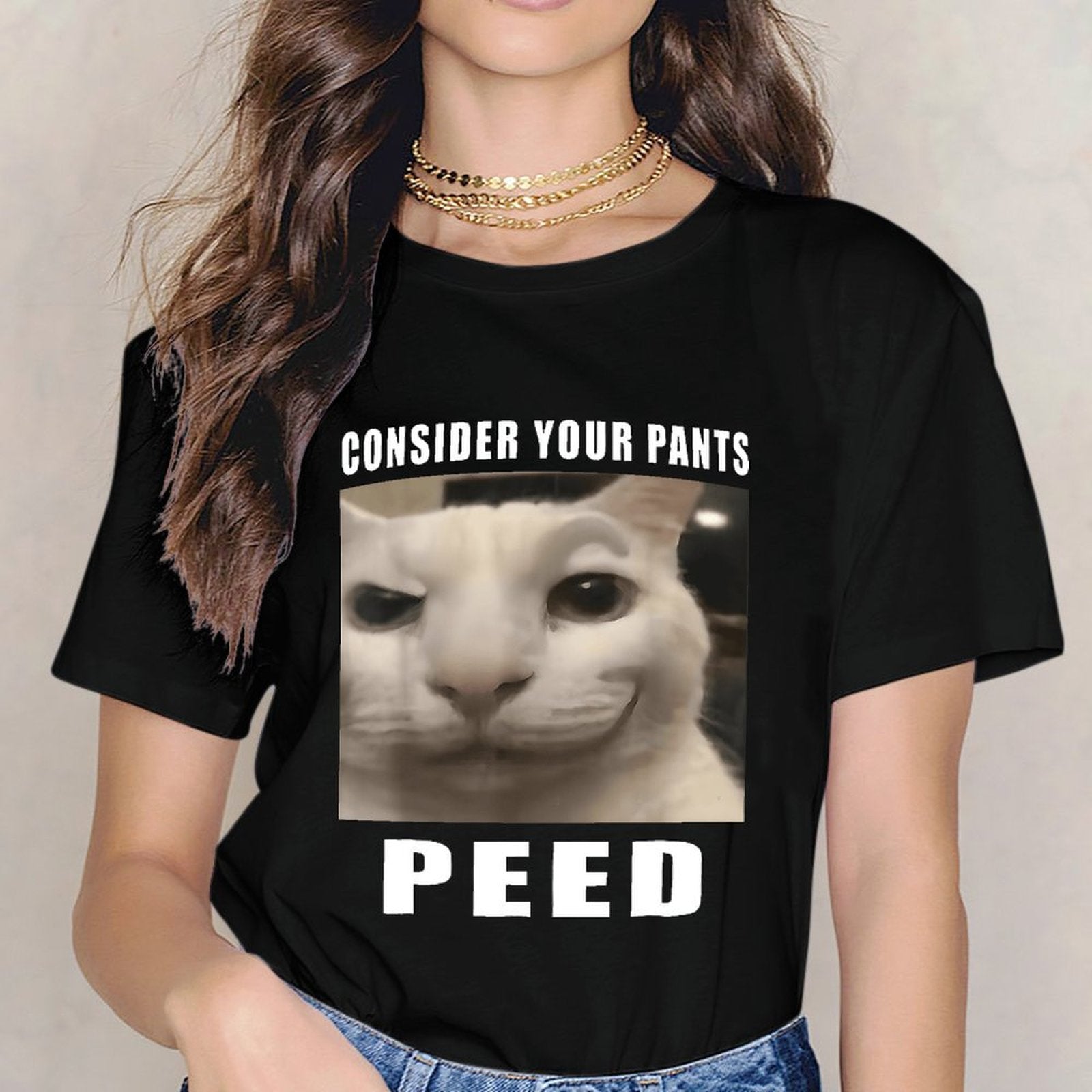 Inkmay Casual  Cotton T-shirt White Cat With Dark Eyes Unisex T-shirtBatch-Printed EverydayTee T-Shirt