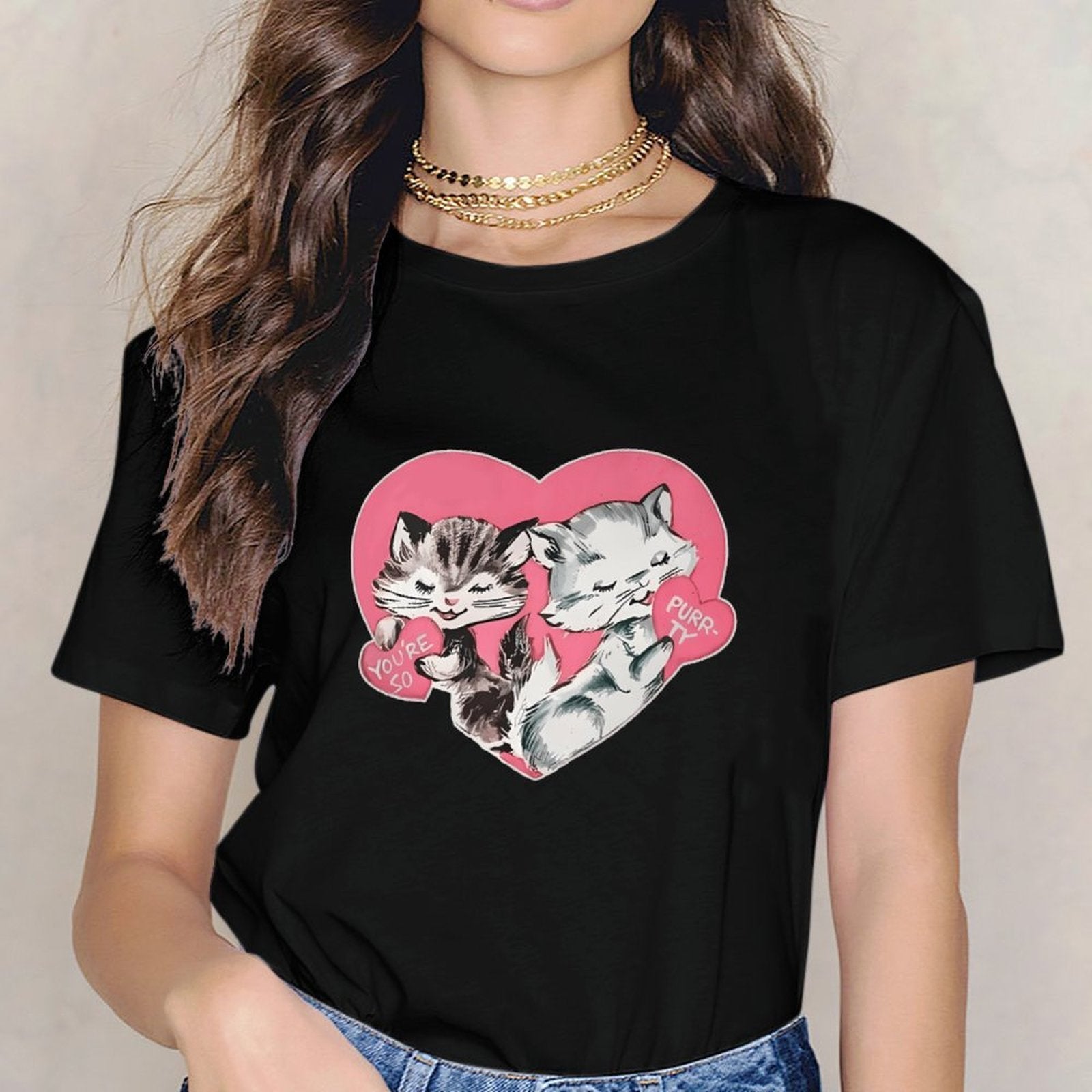 Inkmay Casual Cotton T-shirt Cute Cats Holding Hearts Pattern Prints Unisex T-shirtWeekend Lifestyle T-Shirt