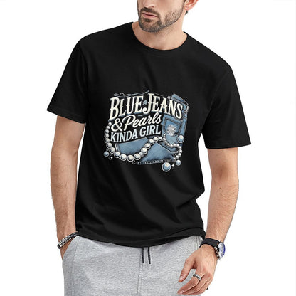 Inkmay Casual  Cotton T-shirt Blue Jeans And Pearls Kinda Unisex T-shirtLong Lasting Minimal T-Shirt
