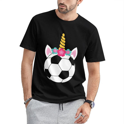 Inkmay Casual  Cotton T-shirt Soccer Ball With Unicorn Horn Flowers Unisex T-shirtDaily LooseFit T-Shirt