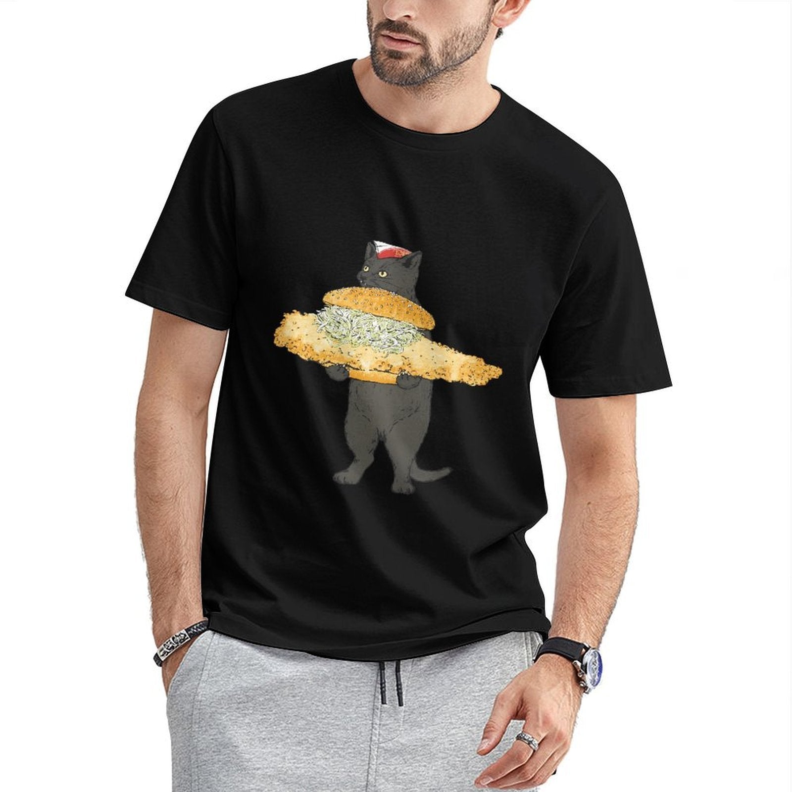 Inkmay Casual Cotton T-shirt Large Sandwich Held By Cat Illustration Unisex T-shirtCasual Crewneck T-Shirt