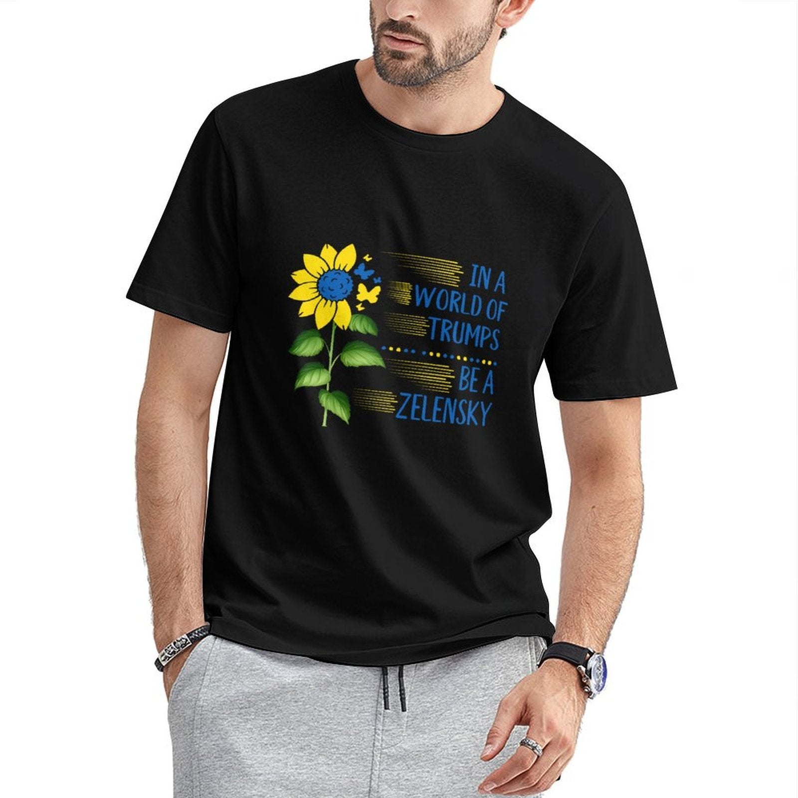 Inkmay Casual  Cotton T-shirt Yellow And Blue Abstract Plant Design Unisex T-shirtTrueComfort Solid T-Shirt