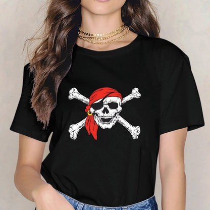 Inkmay Casual  Cotton T-shirt Pirate Skull With Red Bandana Crossbones Unisex T-shirtNeat Clean T-Shirt