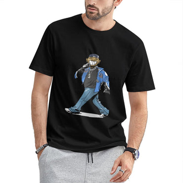 Inkmay Casual Cotton T-shirt Cartoon Character Wearing Blue Jacket Pants Unisex T-shirtStreet Fitted T-Shirt