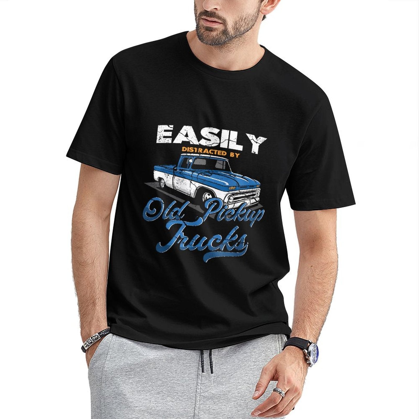 Inkmay Casual Cotton T-shirt Old Pickup Trucks Blue And White Unisex T-shirtClassicFit Smooth Feel T-Shirt