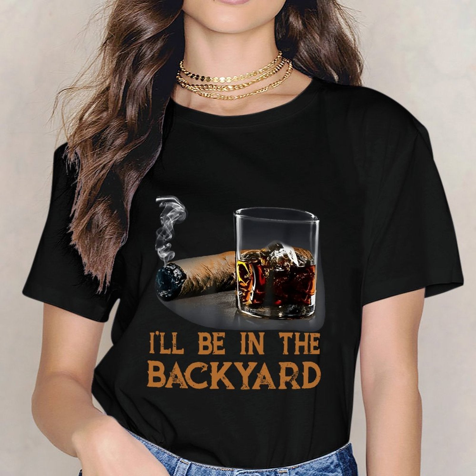 Inkmay Casual  Cotton T-shirt Cigar And Whiskey Glass Together Unisex T-shirtNeat Recycled T-Shirt