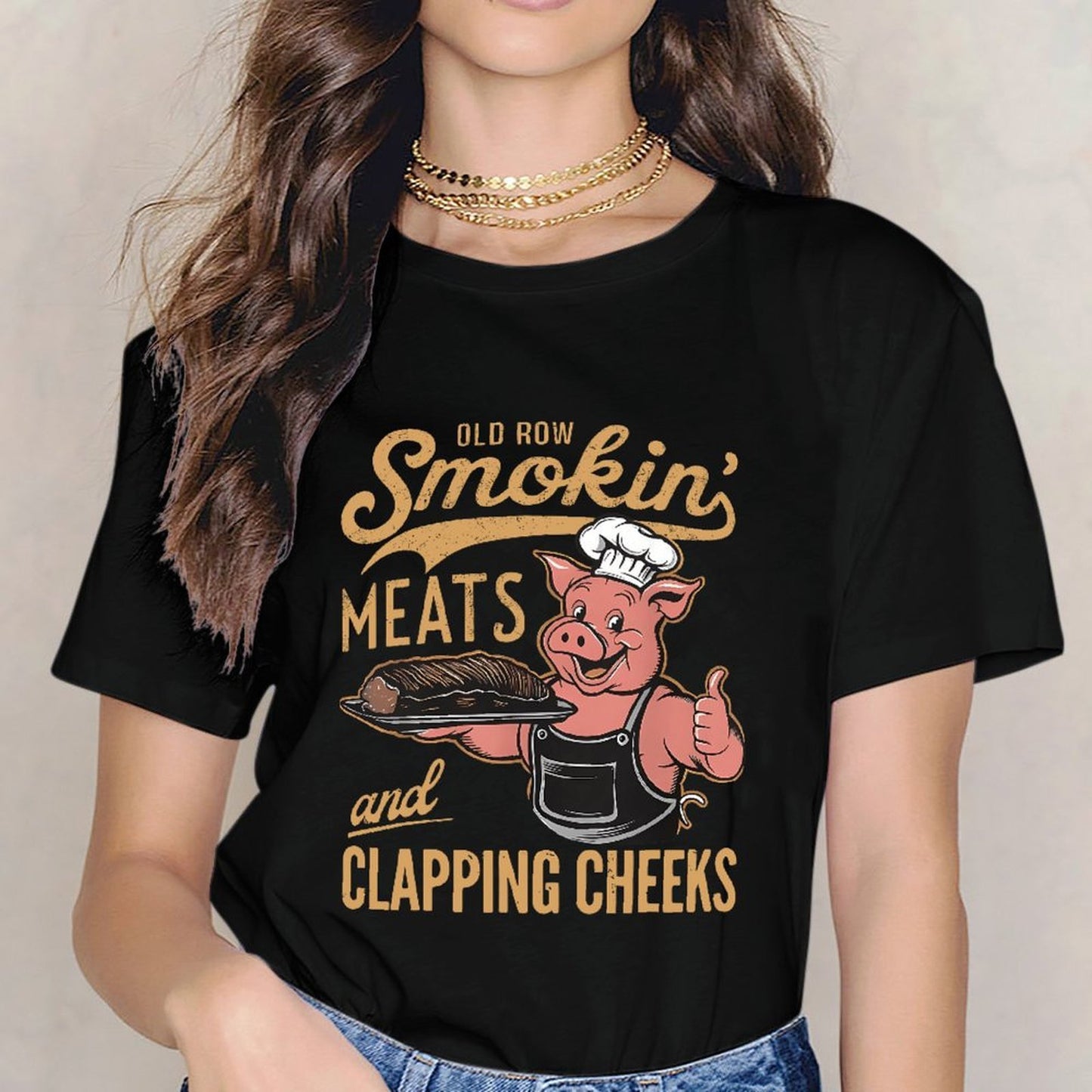 Inkmay Casual Cotton T-shirt Pig Holding Platter With Meat Dish Unisex T-shirtClean Fresh T-Shirt