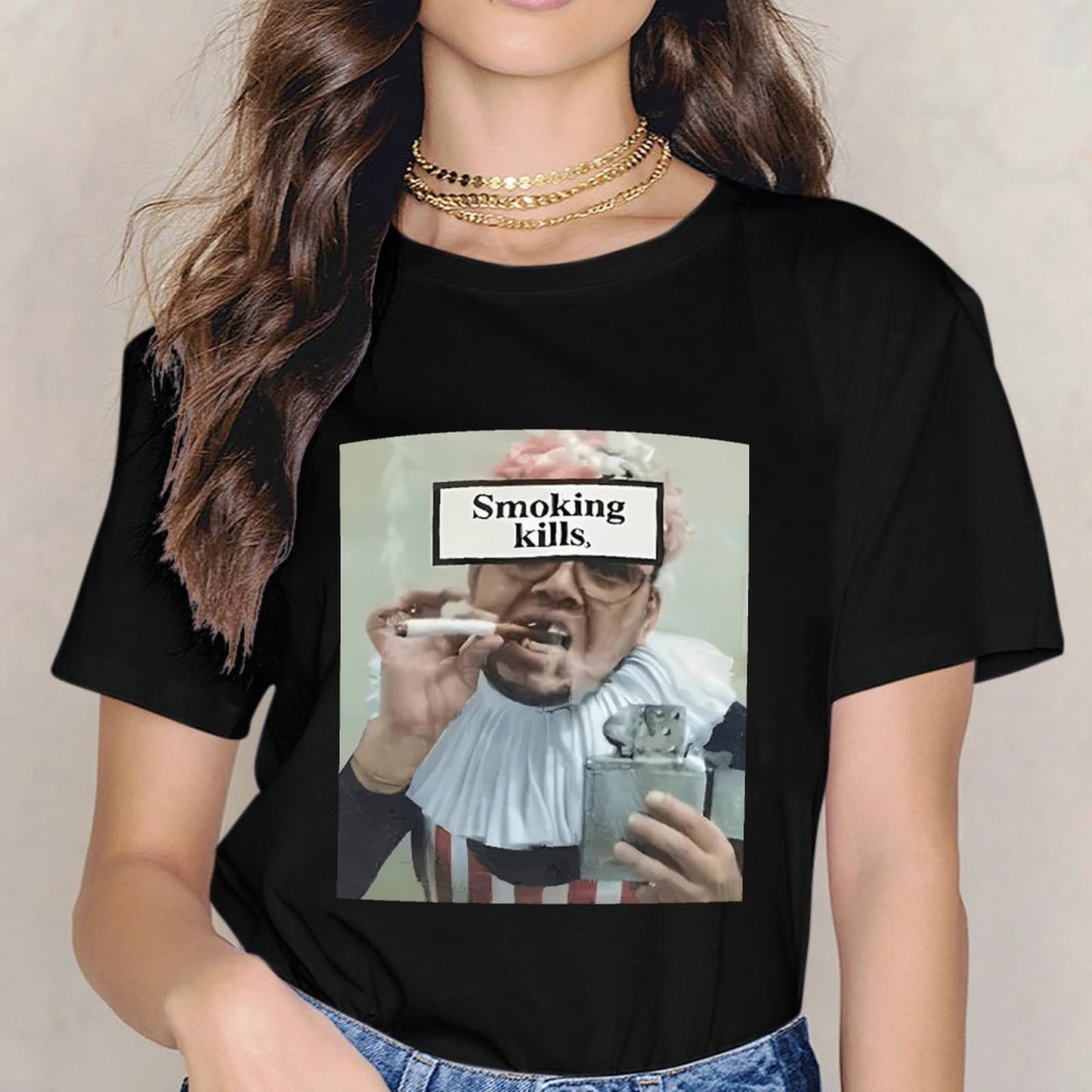Inkmay Casual Cotton T-shirt Man Smoking Cigarette With Warning Label Unisex T-shirtNatural Tear-Resistant T-Shirt