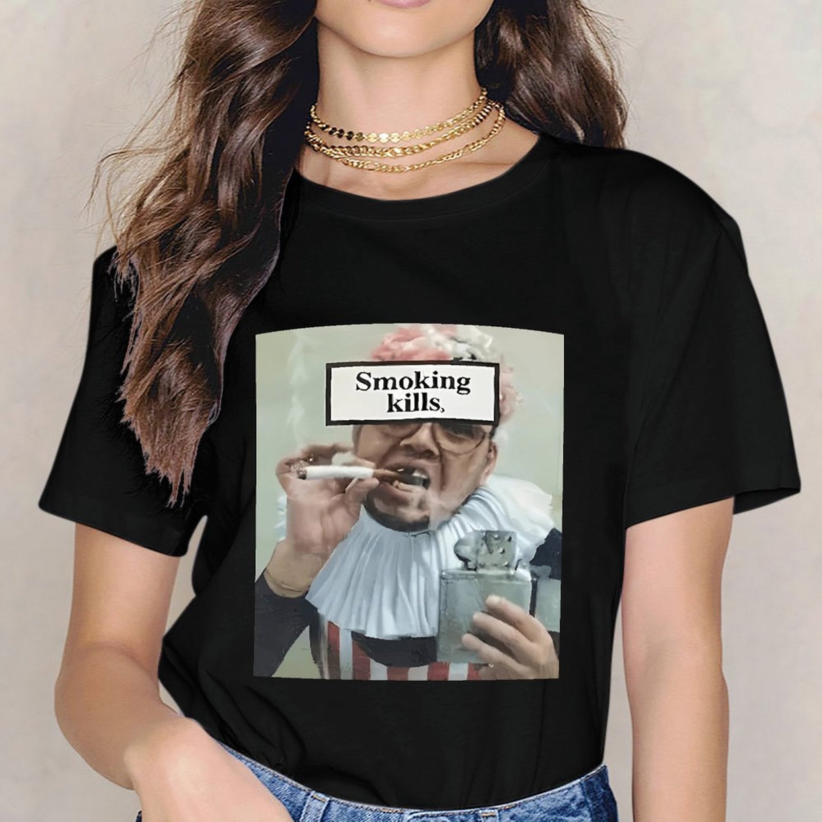 Inkmay Casual Cotton T-shirt Man Smoking Cigarette With Warning Label Unisex T-shirtNatural Tear-Resistant T-Shirt