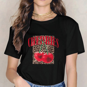 Inkmay Casual Cotton T-shirt Cherries On Leopard Print Background Art Unisex T-shirtClassicSeries CityStyle T-Shirt