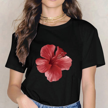 Inkmay Casual Cotton T-shirt Vivid Red Hibiscus Flower Art Print Unisex T-shirtPremium Finish Smooth Feel T-Shirt