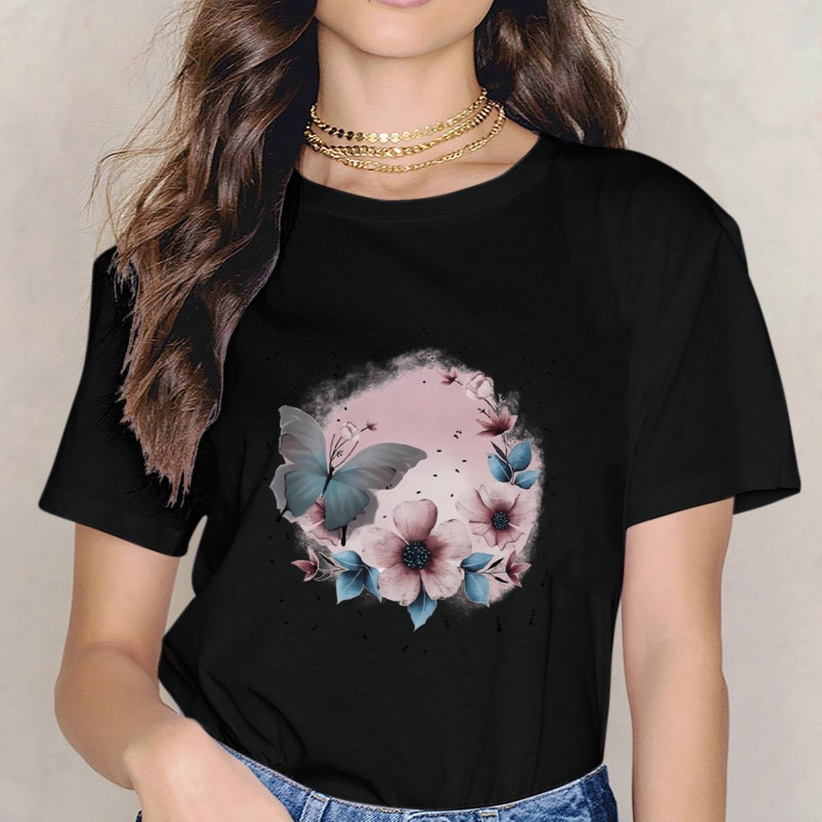 Inkmay Casual Cotton T-shirt Floral Butterfly Design With Soft Colors Unisex T-shirtCotton Printing T-Shirt