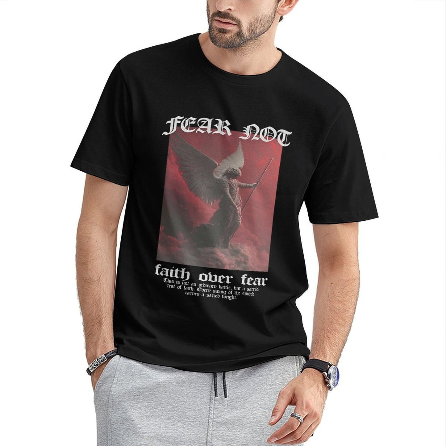 Inkmay Casual Cotton T-shirt Angel With Sword Over Clouds Unisex T-shirt