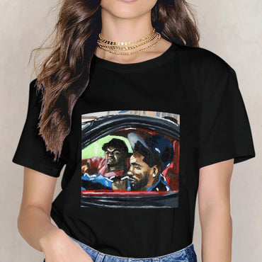 Inkmay Casual Cotton T-shirt Cartoon Puppet Holding Gun And Star Unisex T-shirt