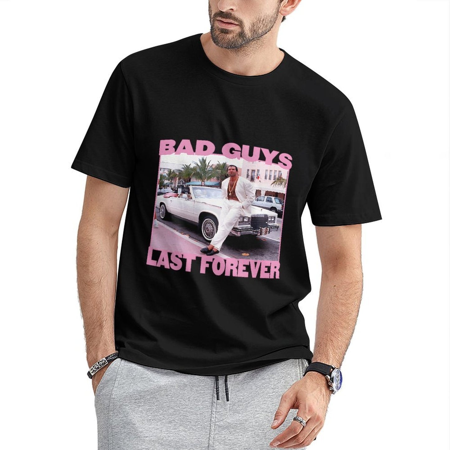 Inkmay Casual Cotton T-shirt Man Sitting On Car Wearing White Unisex T-shirtSmoothWear ClassicSeries T-Shirt
