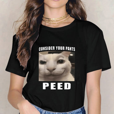 Inkmay Casual Cotton T-shirt White Cat With Expressive Eyes Unisex T-shirtPrint-Ready Solid T-Shirt