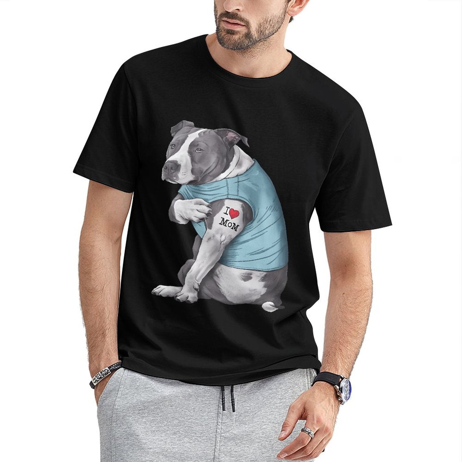 Inkmay Casual  Cotton T-shirt Dog Wears Blue Shirt Tattoo Mom Unisex T-shirtEveryday ClassicStyle T-Shirt