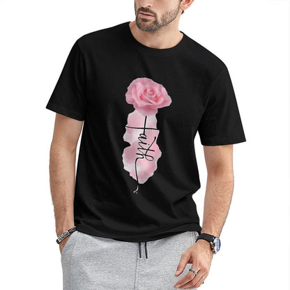 Inkmay Casual Cotton T-shirt Faith Rose Pattern Print Art Design Unisex T-shirtBasic Neat T-Shirt