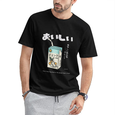 Inkmay Casual Cotton T-shirt Lemon Drink With Cat Illustration Unisex T-shirtFitted TrueStyle T-Shirt