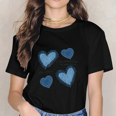 Inkmay Casual Cotton T-shirt Heart Shapes In Denim Style Prints Unisex T-shirtSmoothWear Classic T-Shirt