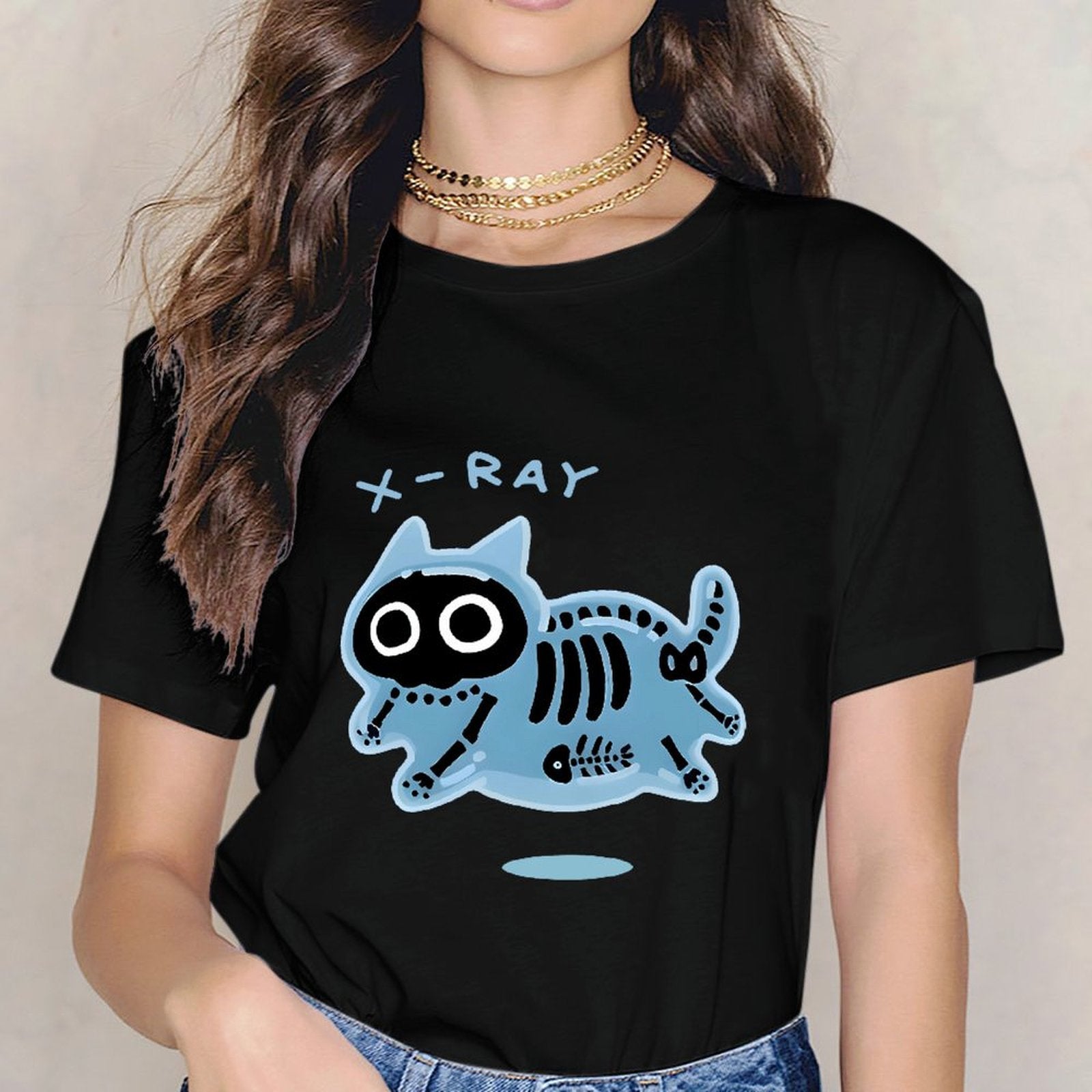 Inkmay Casual Cotton T-shirt Blue Cat Skeleton Print Design Art Unisex T-shirtSmooth Design-Your-Own T-Shirt