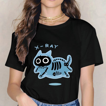 Inkmay Casual Cotton T-shirt Blue Cat Skeleton Print Design Art Unisex T-shirtSmooth Design-Your-Own T-Shirt