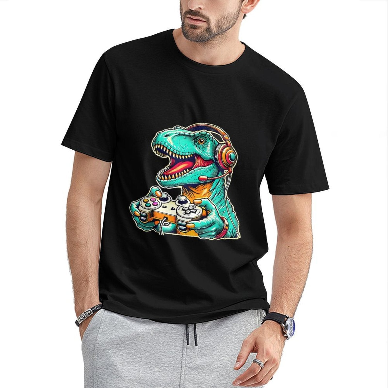 Inkmay Casual Cotton T-shirt Gaming Dinosaur With Headphones And Unisex T-shirtClassic Easy-Care T-Shirt