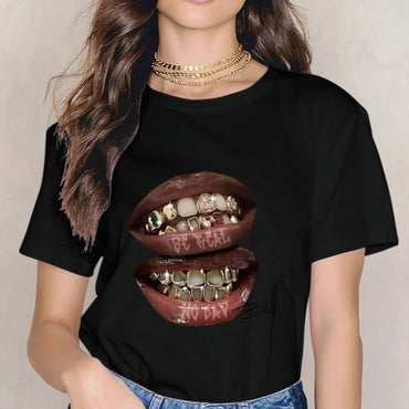 Inkmay Casual Cotton T-shirt Golden Teeth With Shiny Gems Embedded Unisex T-shirtLightweight Chill T-Shirt
