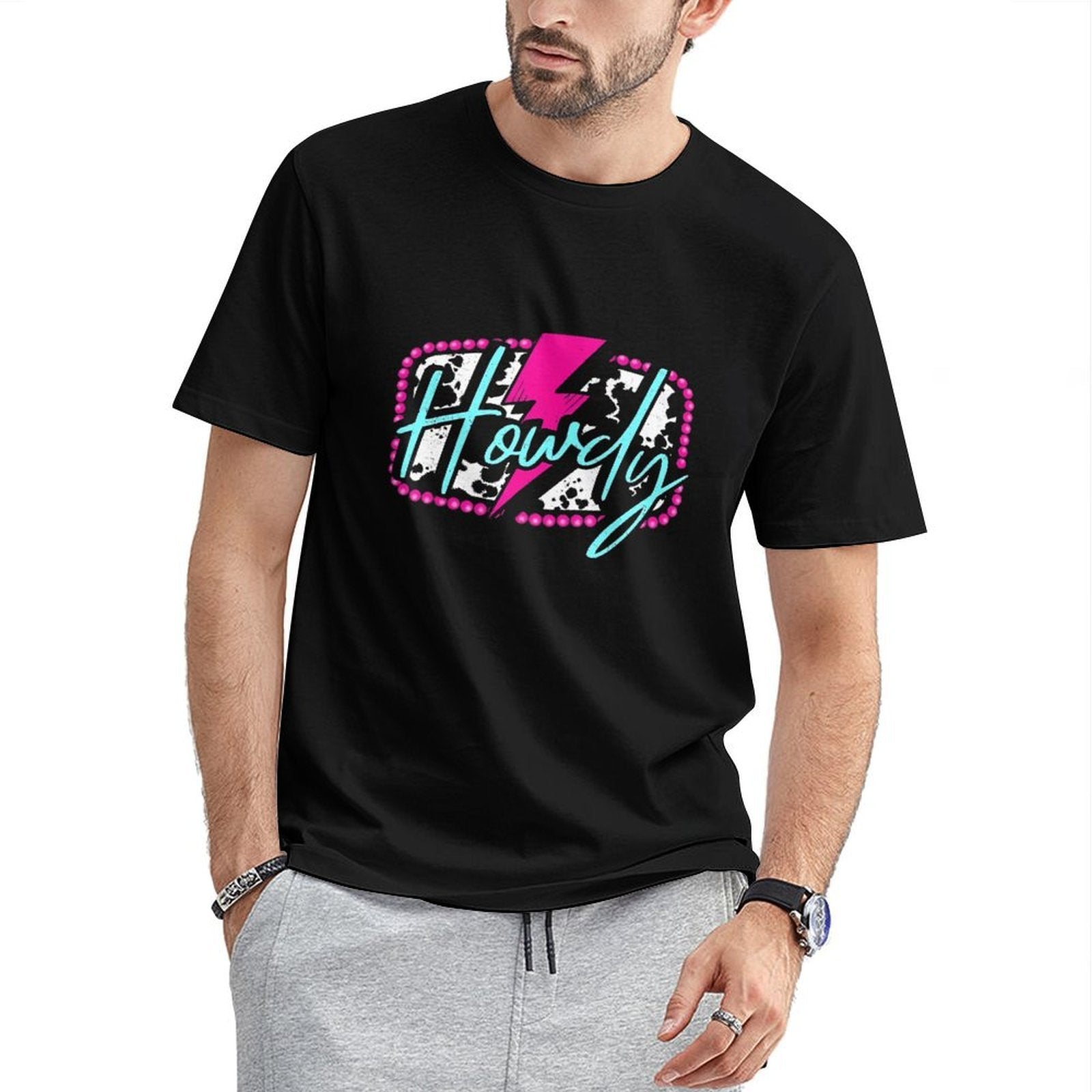 Inkmay Casual  Cotton T-shirt Howdy With Pink And Teal Splashes Unisex T-shirtClassic Bold T-Shirt