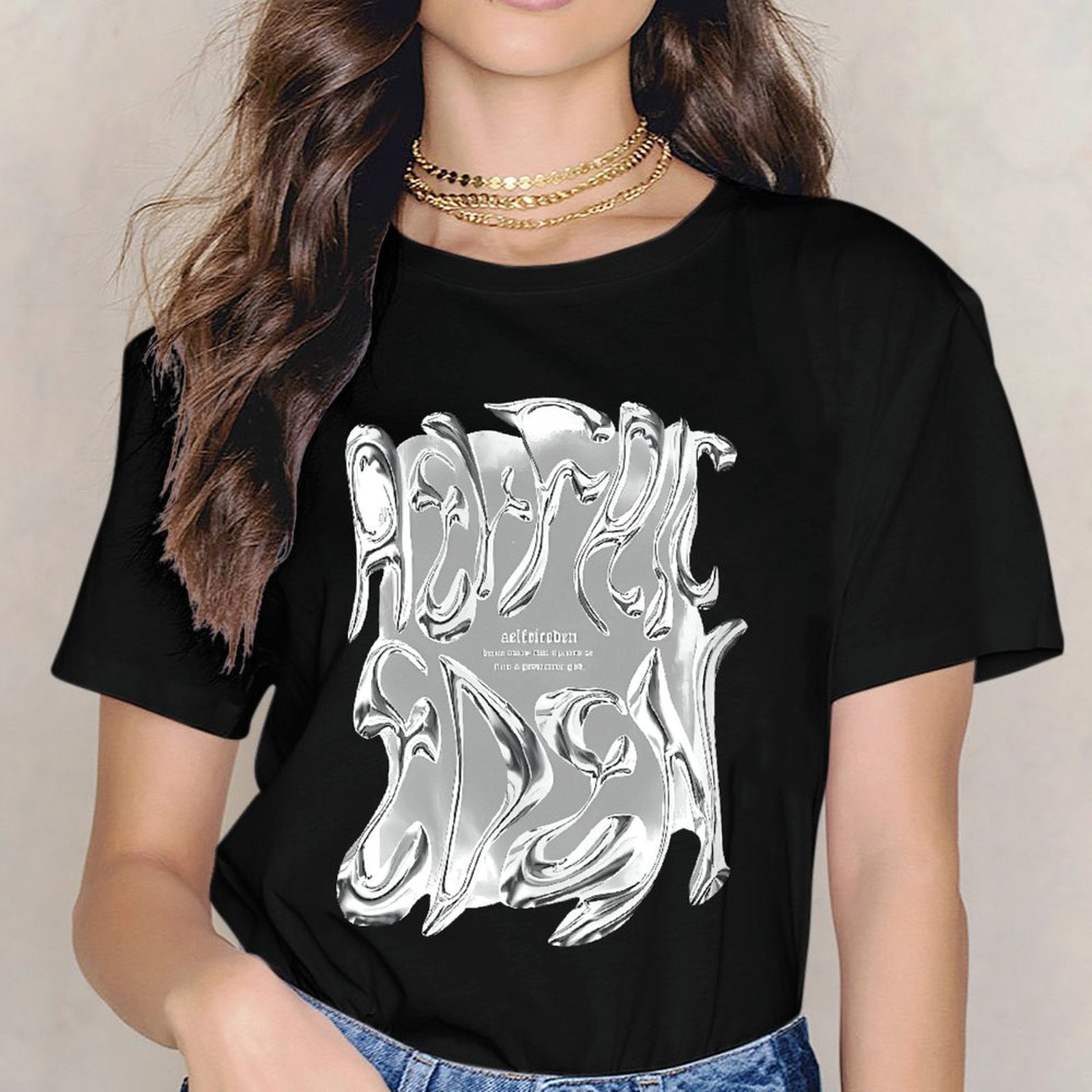 Inkmay Casual Cotton T-shirt Abstract Silver Flame Design Artwork Print Unisex T-shirtStreetStyle Batch-Printed T-Shirt