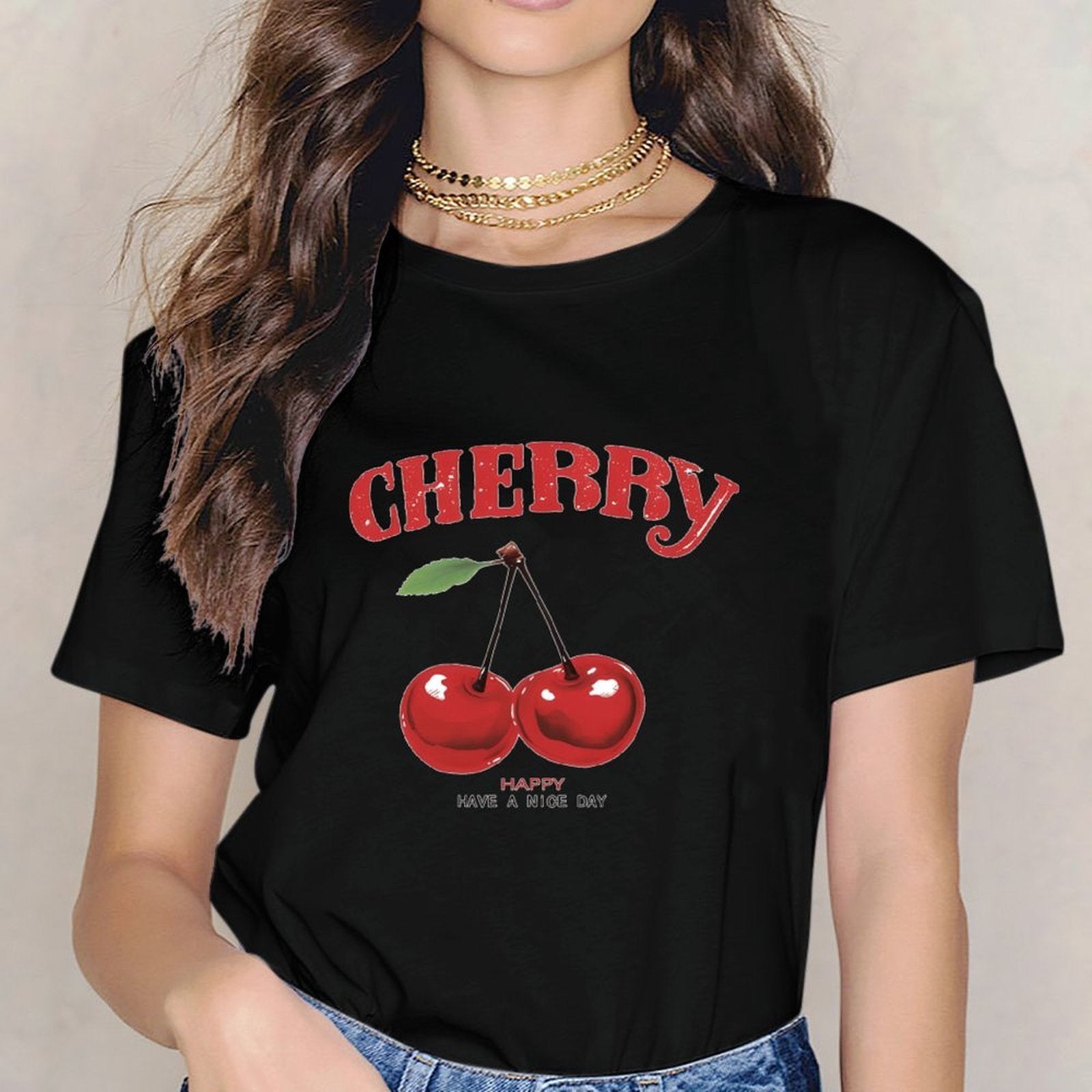 Inkmay Casual Cotton T-shirt Cherry Happy Have A Nice Day Unisex T-shirtPerformance 100% Cotton T-Shirt