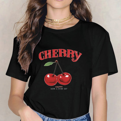 Inkmay Casual Cotton T-shirt Cherry Happy Have A Nice Day Unisex T-shirtPerformance 100% Cotton T-Shirt