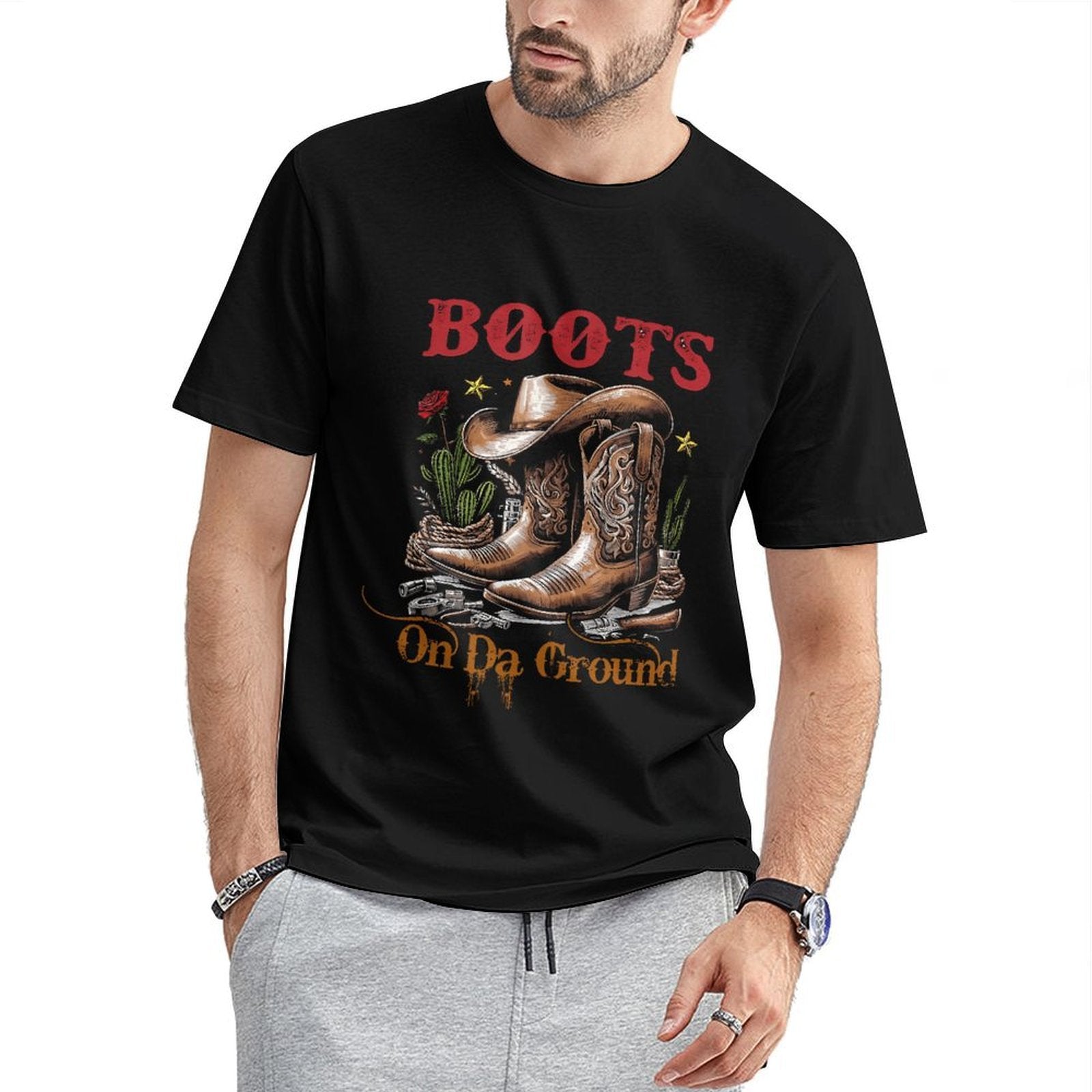 Inkmay Casual  Cotton T-shirt Brown Cowboy Boots With Floral Design Unisex T-shirtVibrant Colors Reliable T-Shirt