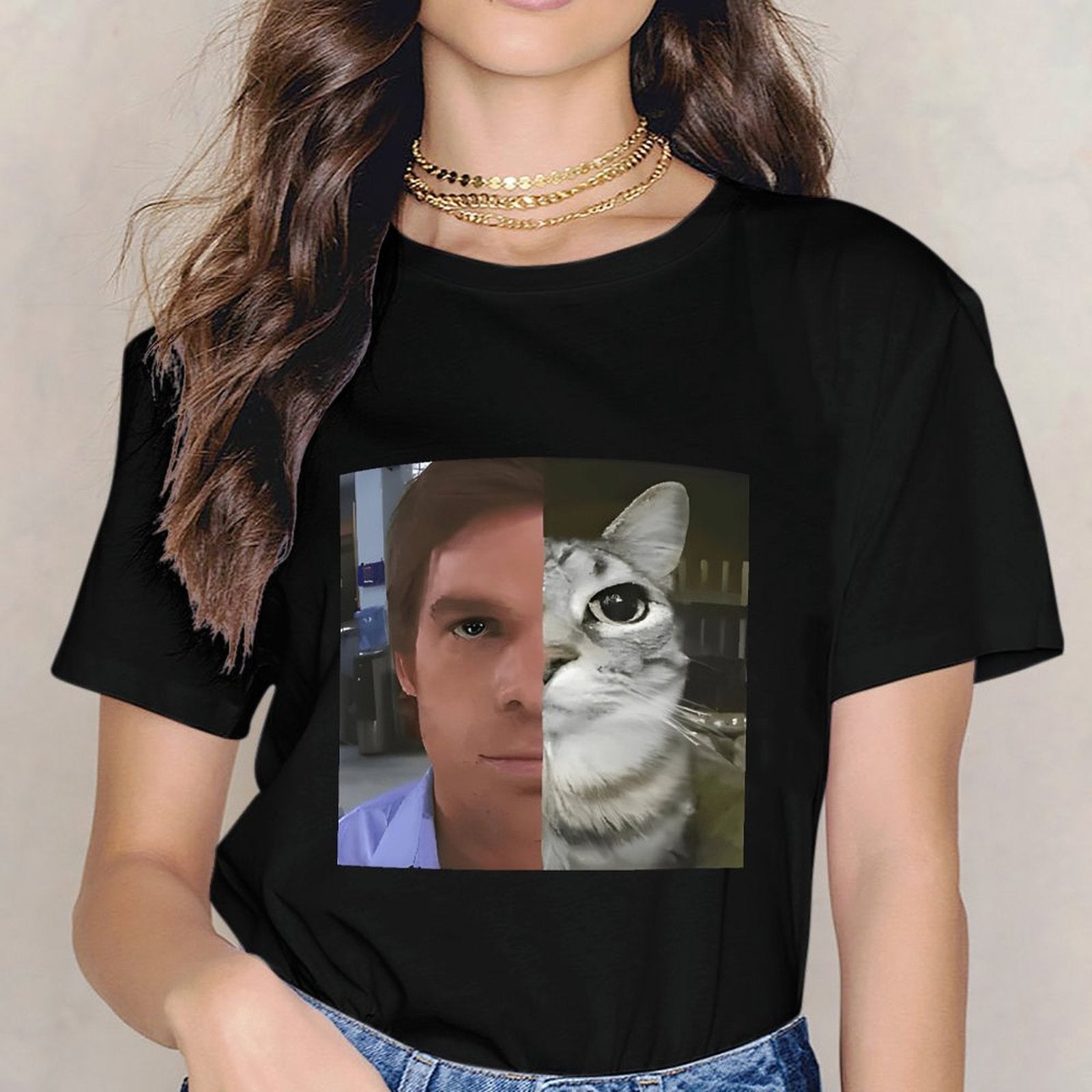 Inkmay Casual  Cotton T-shirt Man And Cat Face Split Unisex T-shirtSignature Bold T-Shirt
