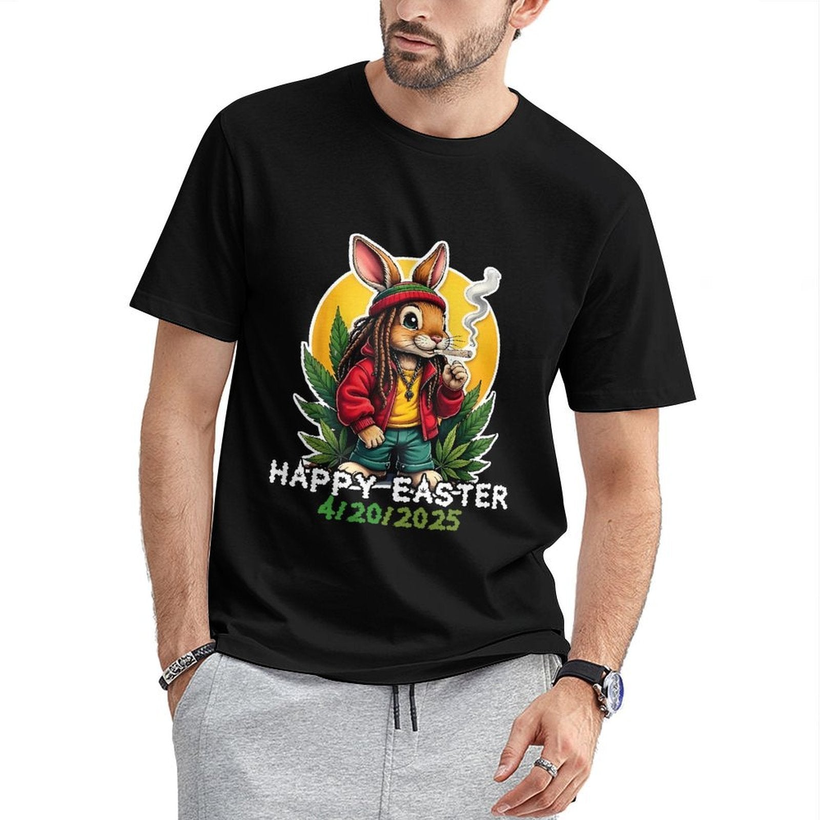 Inkmay Casual  Cotton T-shirt Happy Easter Bunny Smoking Weed Art Unisex T-shirtClassicFit Active T-Shirt