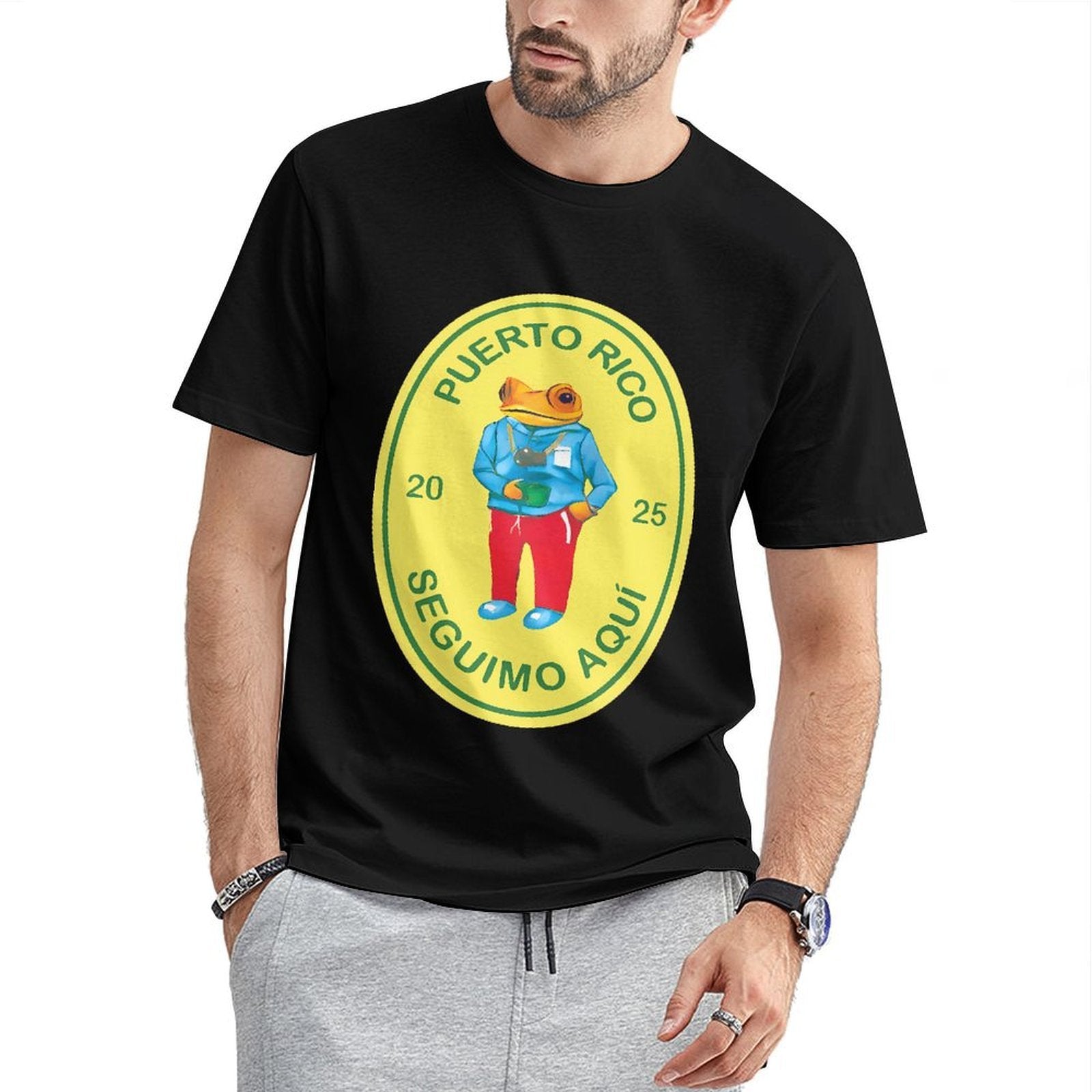Inkmay Casual Cotton T-shirt Puerto Rico Frog Traveler Design Bright Unisex T-shirtStreet Long Lasting T-Shirt