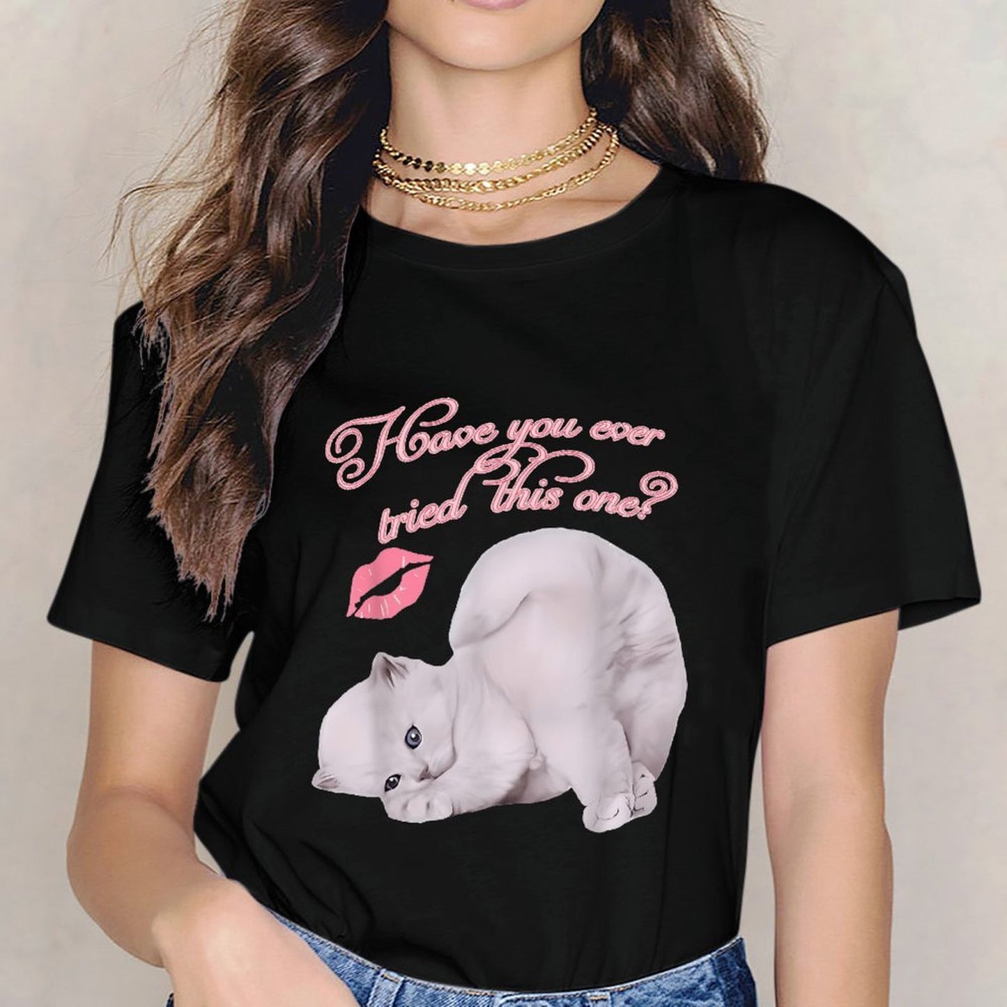 Inkmay Casual Cotton T-shirt Cute Cat With Kiss Mark Unisex T-shirtRelaxed Long Lasting T-Shirt