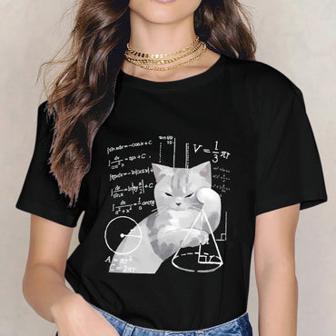 Inkmay Casual Cotton T-shirt Mathematical Cat With Geometric Shapes Unisex T-shirtAllSeason Comfort T-Shirt