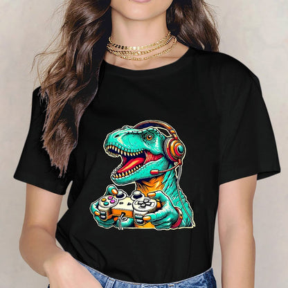 Inkmay Casual Cotton T-shirt Gaming Dinosaur With Headphones And Unisex T-shirtClassic Easy-Care T-Shirt