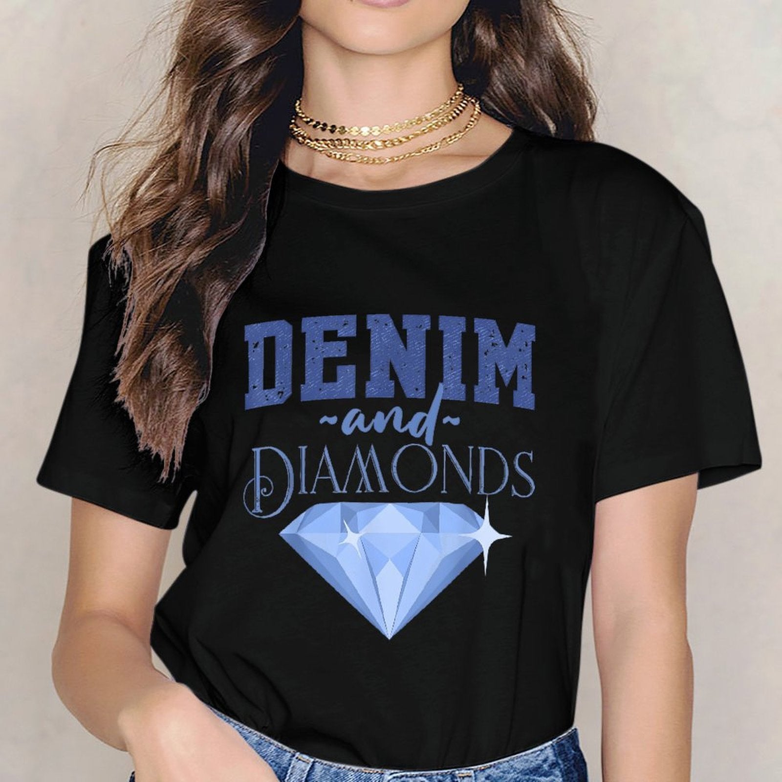 Inkmay Casual  Cotton T-shirt Denim And Diamonds Blue Gem Print Unisex T-shirtModern PureStyle T-Shirt
