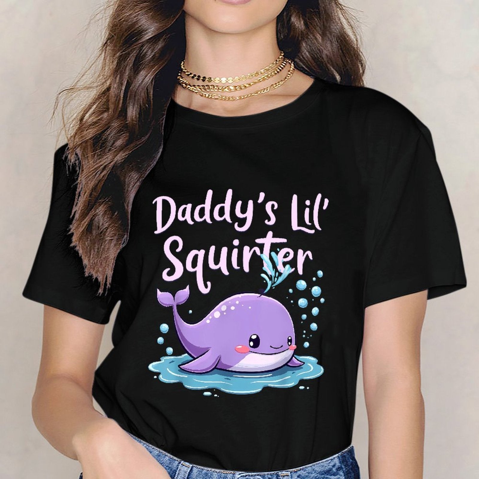 Inkmay Casual  Cotton T-shirt Cute Purple Whale Splashing Water Bubbles Unisex T-shirtSlim Fit On-Demand T-Shirt