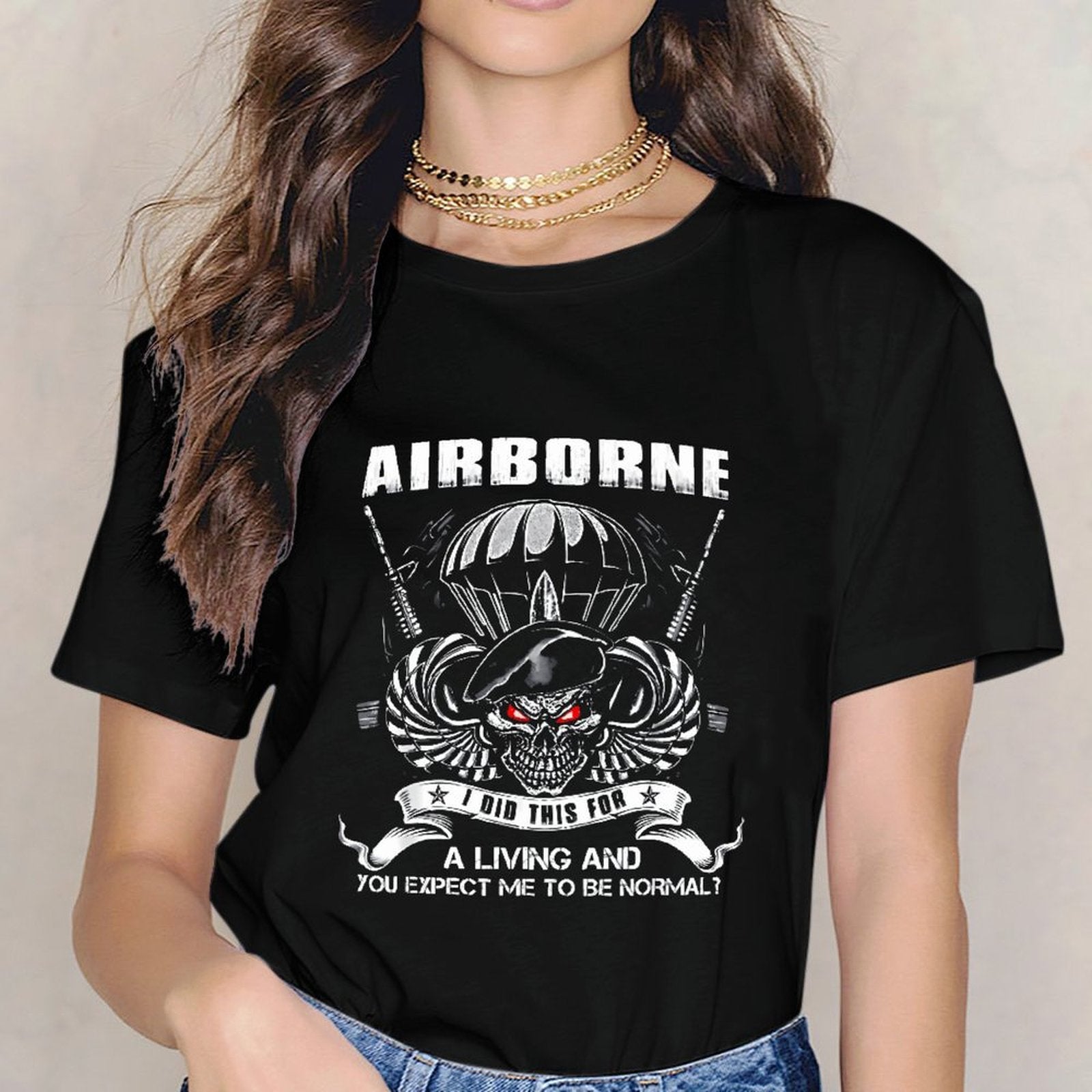 Inkmay Casual Cotton T-shirt Airborne Skull With Red Eyes Design Unisex T-shirtSlim Fit EssentialFit T-Shirt